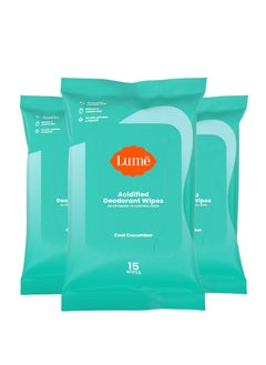 Lume Acidified Deodorant Wipes - 24 Hour Odor Control - Aluminum Free, Baking Soda Free, Skin Loving - Flushable - 15 Count (Pack of 3) (Cool Cucumber)