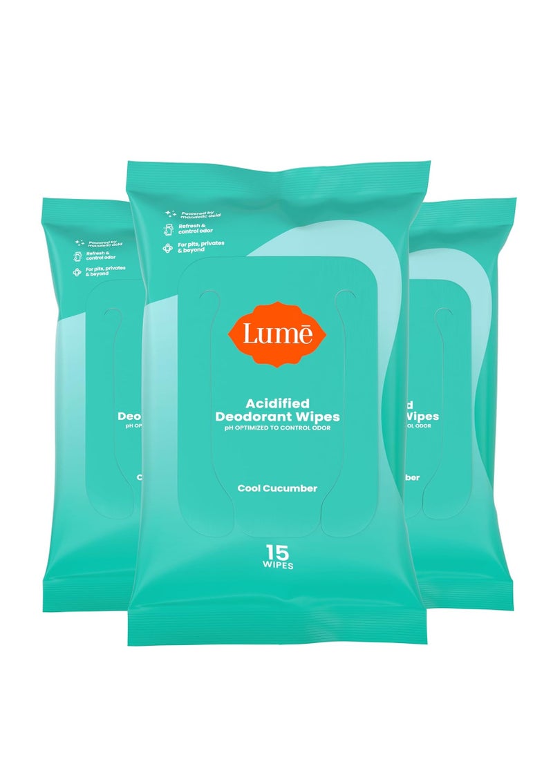 Lume - Lume Acidified Deodorant Wipes - 24 Hour Odor Control - Aluminum Free, Baking Soda Free, Skin Loving - Flushable - 15 Count (Pack of 3) (Cool Cucumber) - Image 1