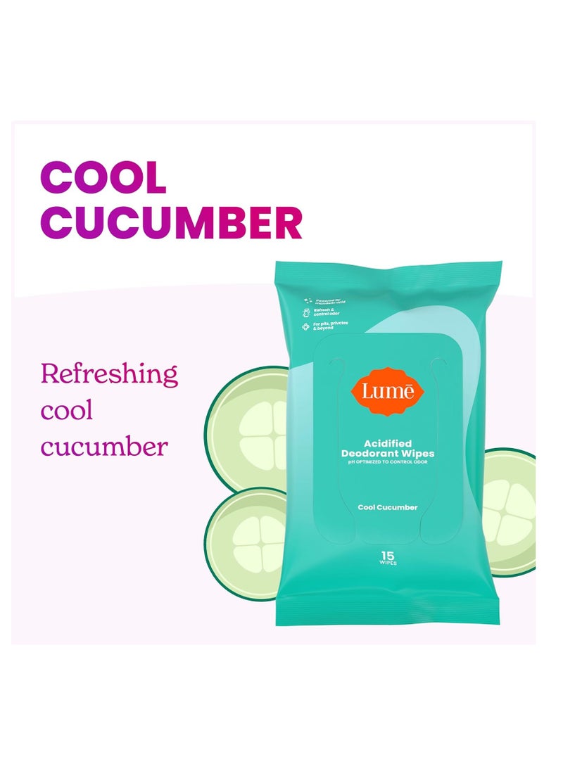 Lume - Lume Acidified Deodorant Wipes - 24 Hour Odor Control - Aluminum Free, Baking Soda Free, Skin Loving - Flushable - 15 Count (Pack of 3) (Cool Cucumber) - Image 1