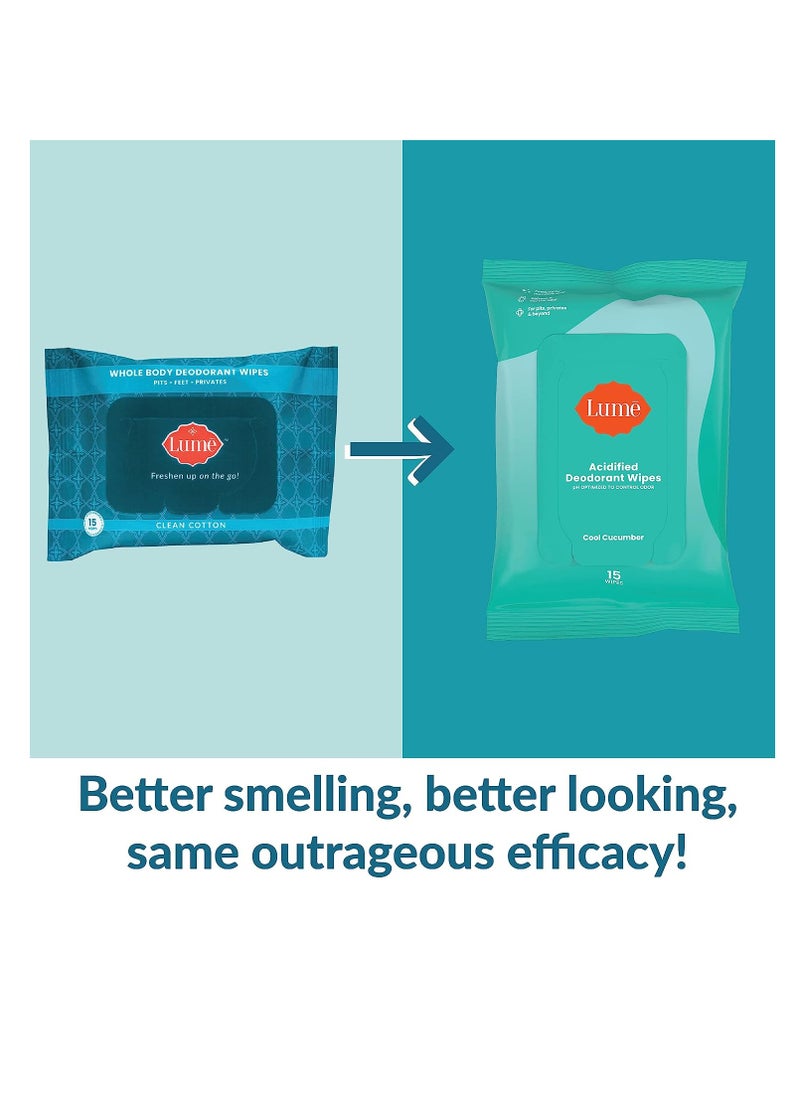 Lume - Lume Acidified Deodorant Wipes - 24 Hour Odor Control - Aluminum Free, Baking Soda Free, Skin Loving - Flushable - 15 Count (Pack of 3) (Cool Cucumber) - Image 1