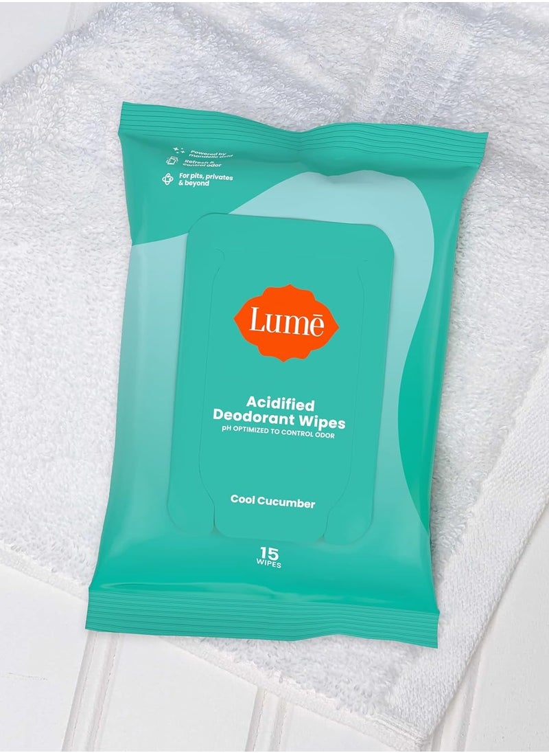 Lume - Lume Acidified Deodorant Wipes - 24 Hour Odor Control - Aluminum Free, Baking Soda Free, Skin Loving - Flushable - 15 Count (Pack of 3) (Cool Cucumber) - Image 1