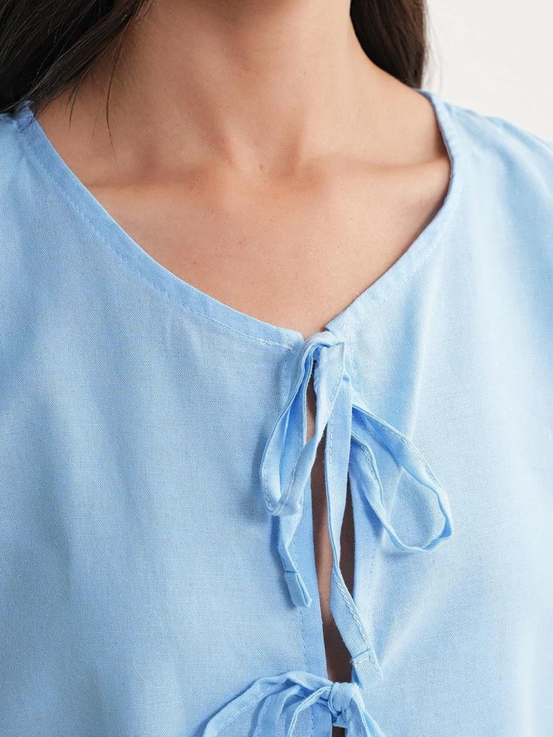 MixRay Maya Blue Mixray Frilly Tie Front Blouse for Women | Best Price UAE