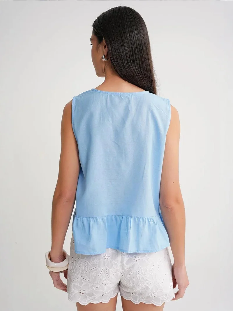 Mixray Maya Blue Mixray Frilly Tie Front Blouse for Women | Best Price UAE