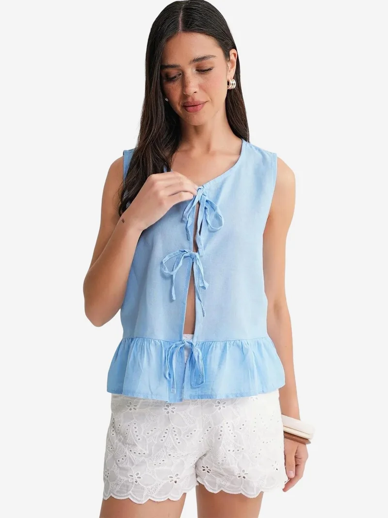 Mixray Maya Blue Mixray Frilly Tie Front Blouse for Women | Best Price UAE