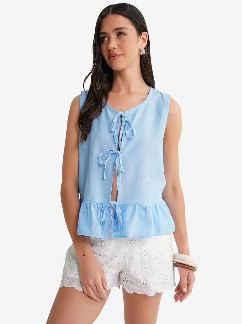 Mixray Maya Blue Mixray Frilly Tie Front Blouse for Women | Best Price UAE