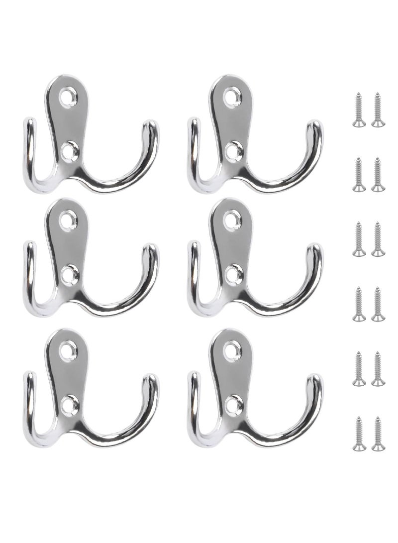 SYOSI Double Prong Robe Hooks, 6Pcs Dual Coat Hooks Door Hooks with 12Pcs Screws Chrome Wall Mounted Hooks for Hanging Hat Tie Clothes Towel Metal Retro Cloth Hanger Silver for Bedroom Bathroom Kitchen  - Image 1