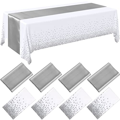 Breling 8 Pack White and Silver Disposable Plastic Tablecloths and Satin Table Runner Set 54 x 108 Inch Tablecloth 12 x 108 Inch Table Runners for Wedding Graduation Birthday Baby Shower New Year