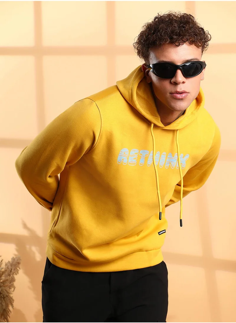 Campus Sutra Men's Yellow Rethink Hoodie With Ribbed Hem