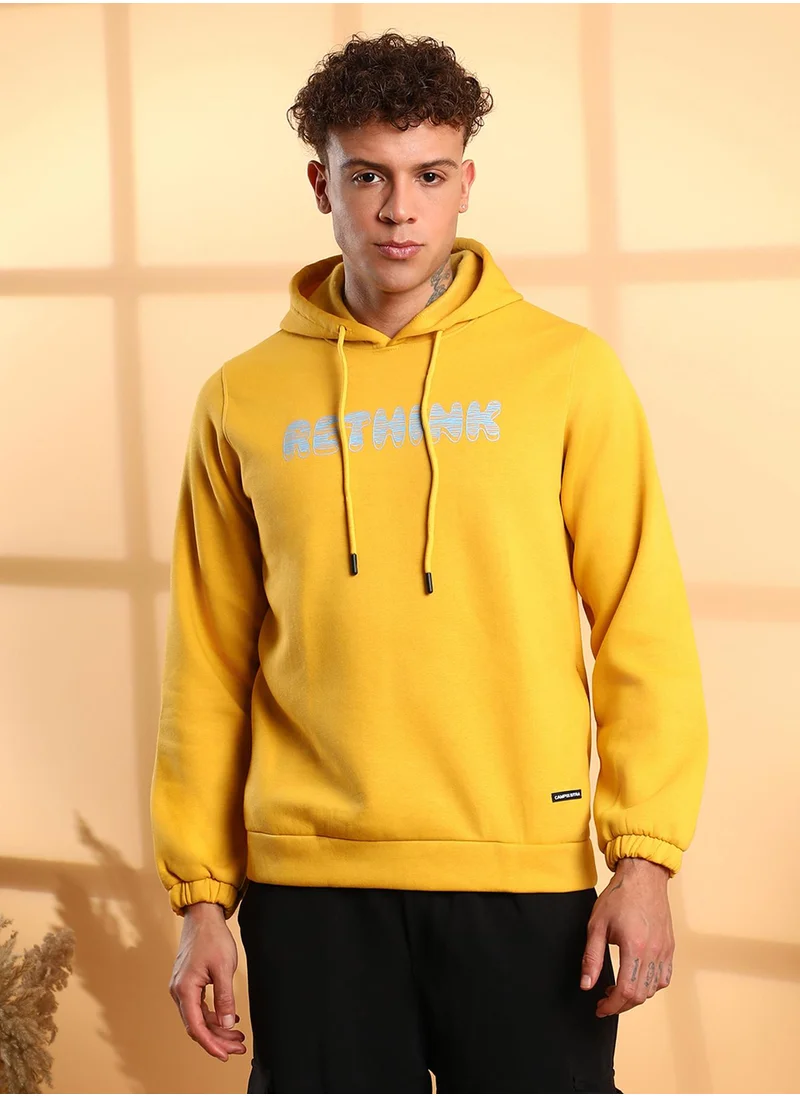 Campus Sutra Men's Yellow Rethink Hoodie With Ribbed Hem
