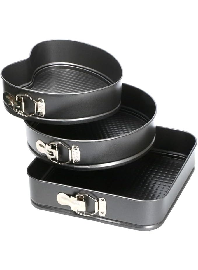 Cake Pan Set – 3 Practical Pieces: Includes a small non-stick cheesecake pan, a rectangular cake pan with a removable base, and a round/heart-shaped pan – all designed with a leak-proof structure and quick-release latch mechanism. Perfect for preparing a variety of cakes and desserts with ease and professional results every time.  - Image 1