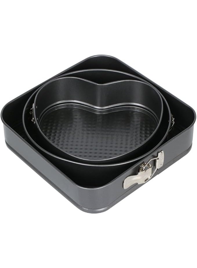 Cake Pan Set – 3 Practical Pieces: Includes a small non-stick cheesecake pan, a rectangular cake pan with a removable base, and a round/heart-shaped pan – all designed with a leak-proof structure and quick-release latch mechanism. Perfect for preparing a variety of cakes and desserts with ease and professional results every time.  - Image 2