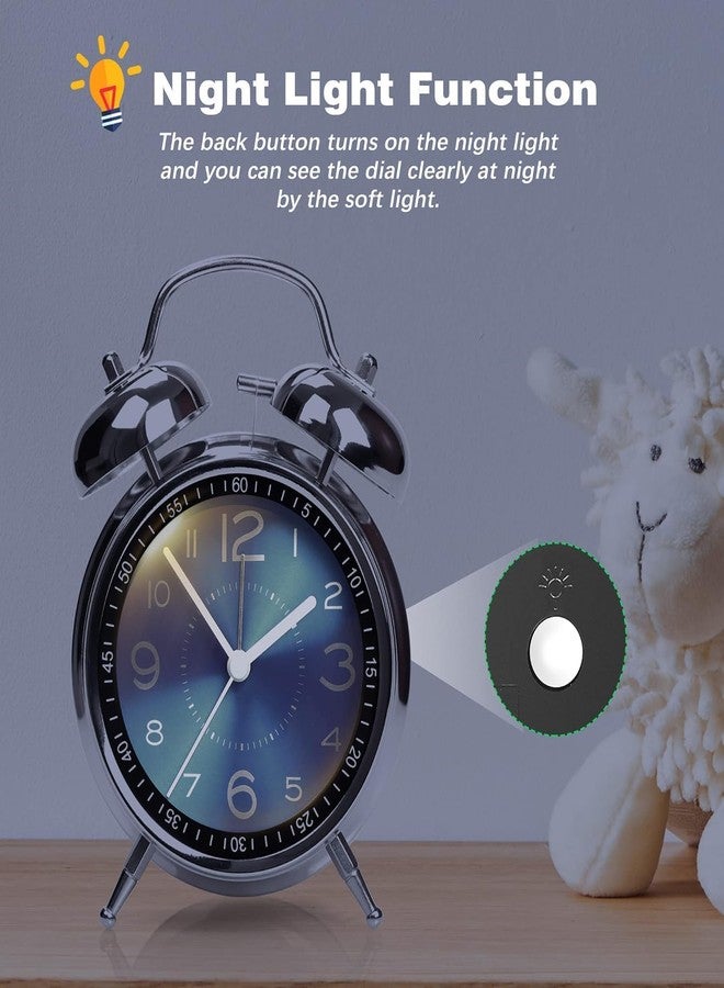 RUCON ® Table Analog Clock 4.5 Inches Alarm Super Loud for Heavy Sleepers Retro Twin Bell Metal Frame Clock with Night Backlight Function Bedside Alarm for Bedroom/Office (Blue Silver) - Image 4