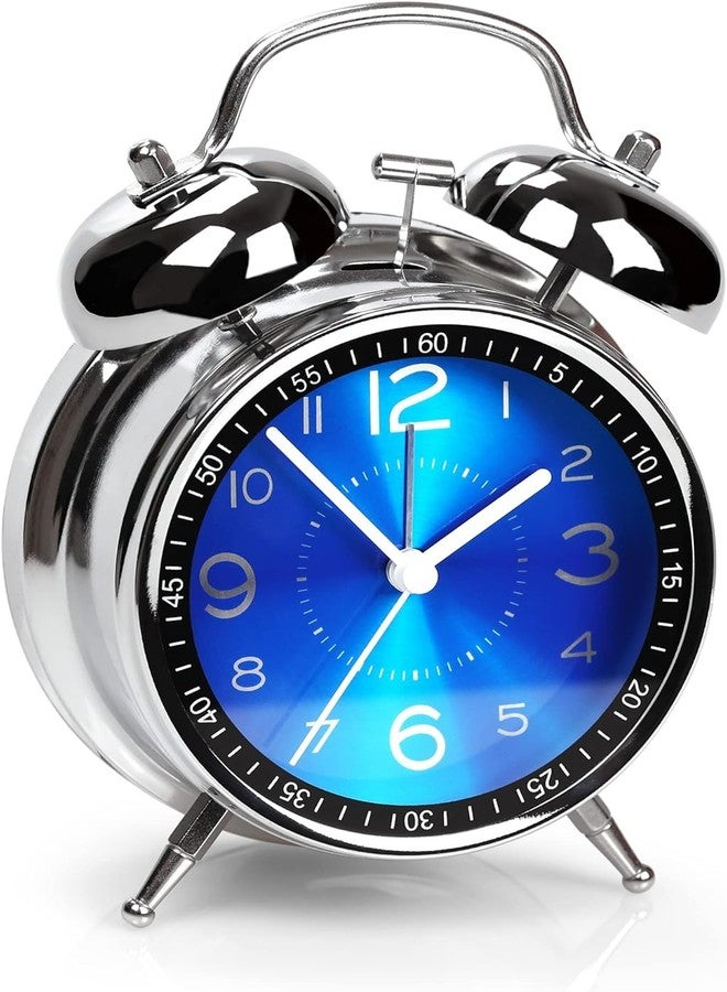 RUCON ® Table Analog Clock 4.5 Inches Alarm Super Loud for Heavy Sleepers Retro Twin Bell Metal Frame Clock with Night Backlight Function Bedside Alarm for Bedroom/Office (Blue Silver) - Image 1