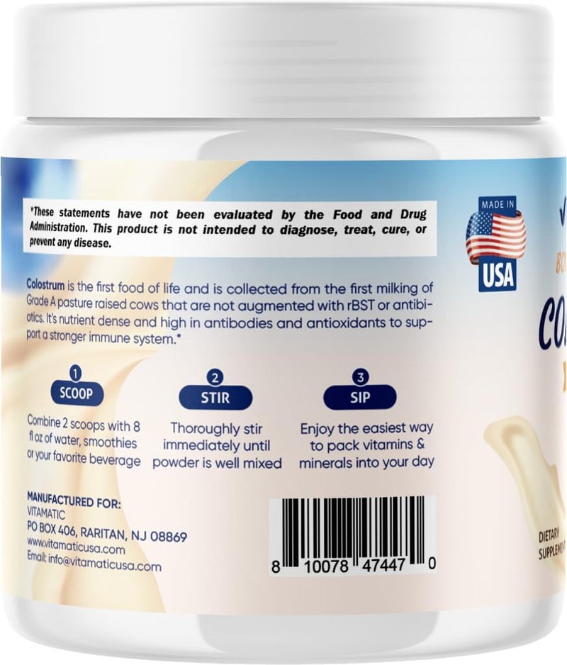 Vitamatic Bovine Colostrum Powder  Supplement for Gut Health Hair Growth Beauty Muscle Recovery  Immune Support  Easy to Mix  30 Servings 30 Servings Vanilla - Image 3