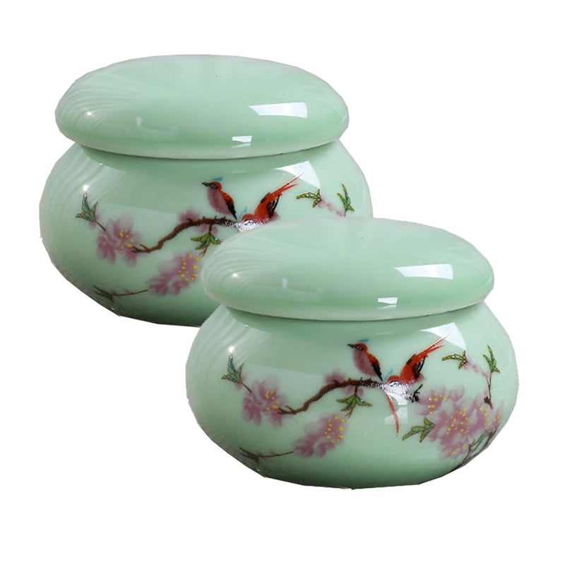 2Pcs Empty Mini Cute Ceramic Bottle Canisters Flower Pattern Portable Travel Loose Tea Pot Jar Contanier with Lid for Storage Spices Powder Cream Lotion Loose Tea Green