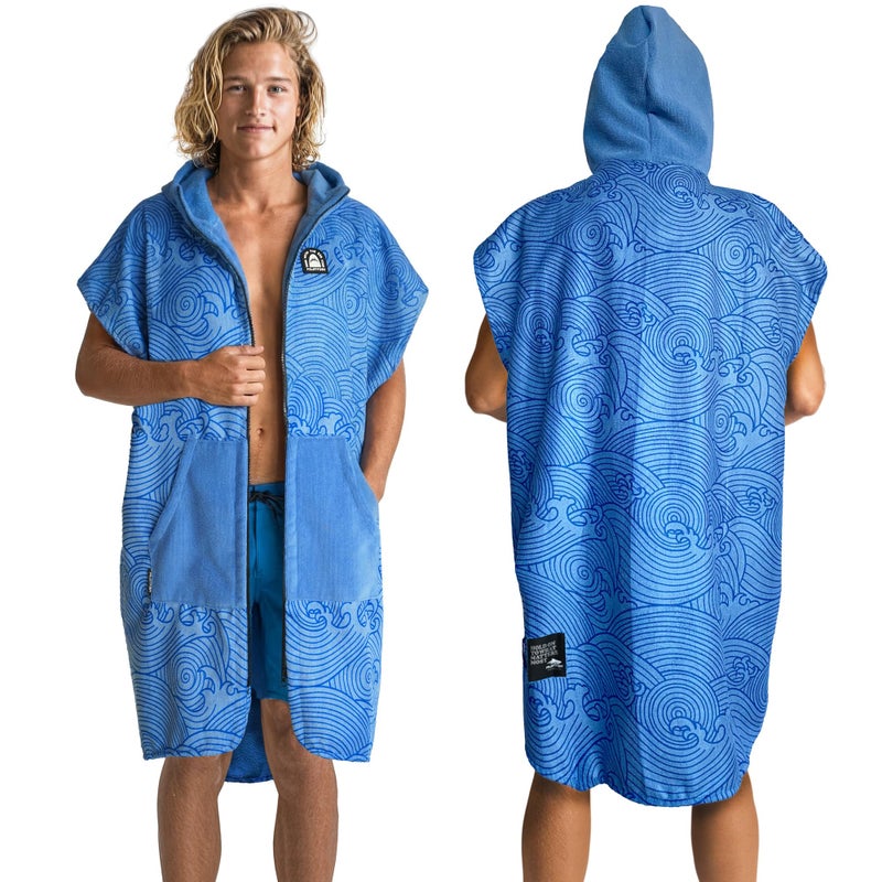Pilotfish Surf Poncho Changing Robe Towel - Hooded, Zippered Towel Poncho for Beach, Surfing, Swimming | 2 Front Pockets, Machine Washable, (Blue Waves, Large) - Image 1