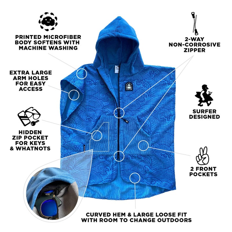 Pilotfish Surf Poncho Changing Robe Towel - Hooded, Zippered Towel Poncho for Beach, Surfing, Swimming | 2 Front Pockets, Machine Washable, (Blue Waves, Large) - Image 4