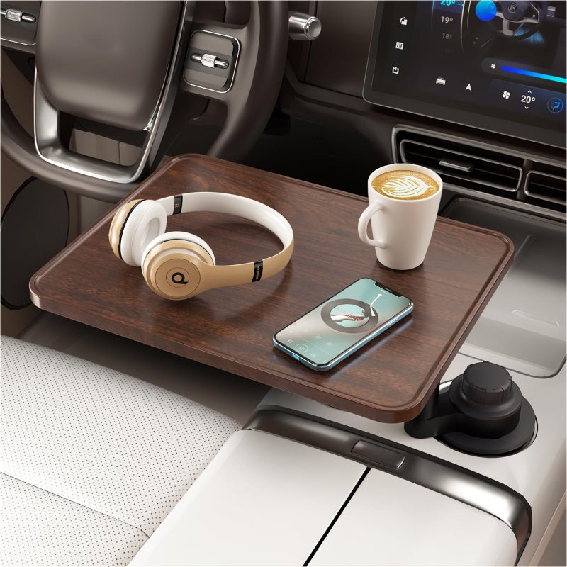 AXVLU Car Desk for Laptop, Cup Holder Table with 360Â° Rotation - Wooden Car Laptop Mount, Car Table & Car Food Tray Compatible with Tesla Model Y/3/S & Most Vehicles - Image 1