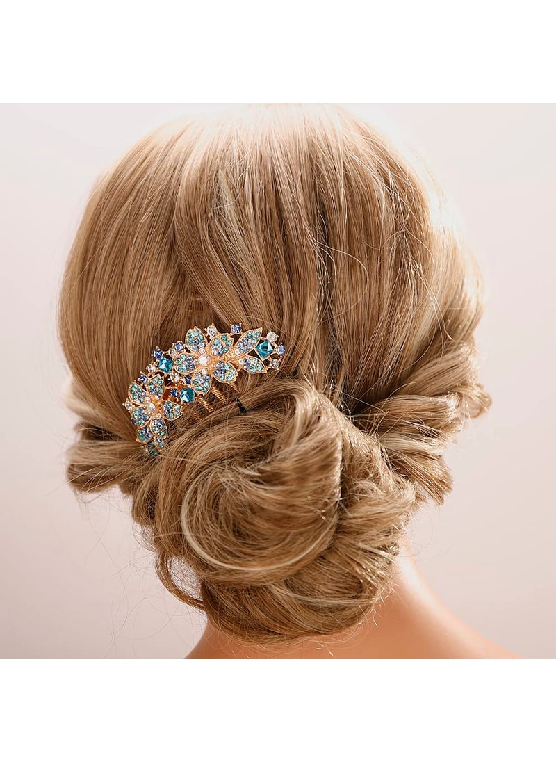 Aimimier - Aimimier Double Flower Crystal French Hair Comb Shinny Rhinestone Gem Side Combs Long Teeth Hair Clips Bridal Hair Accessories for Women GirlsBlue - Image 1