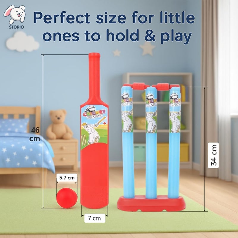 Storio مجموعة كريكيت للأطفال من 2+ سنوات | مضرب، كرة، أعمدة، حواجز وحامل | مجموعة كريكيت بلاستيكية 20-20 للأولاد والبنات | هدية عيد ميلاد | أحمر وأزرق - Image 3