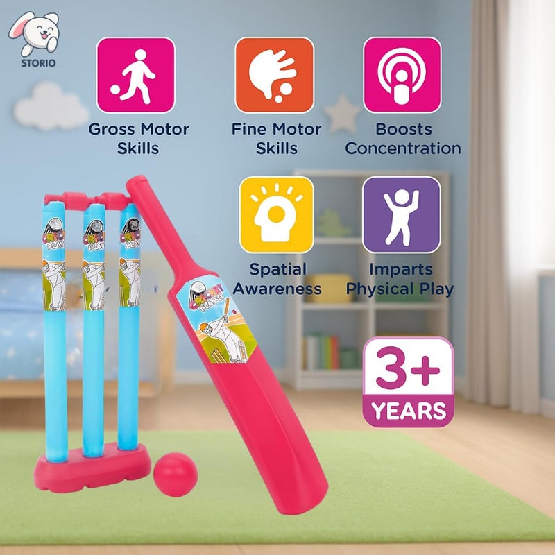 Storio مجموعة كريكيت للأطفال من 2+ سنوات | مضرب، كرة، أعمدة، حواجز وحامل | مجموعة كريكيت بلاستيكية 20-20 للأولاد والبنات | هدية عيد ميلاد | أحمر وأزرق - Image 2