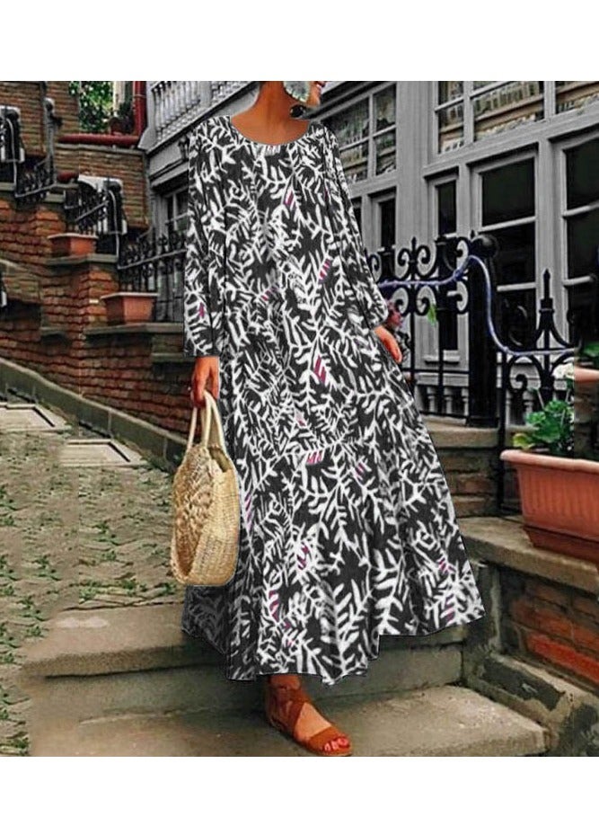 NIBEMINENT Loose Casual Boho Print Dress For Women Elegant Round Neck Long Sleeve Big Hem Long Dresses  Spring - Image 1