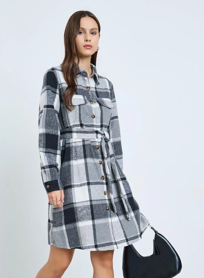 Checked Mini Shirt Dress with Belt