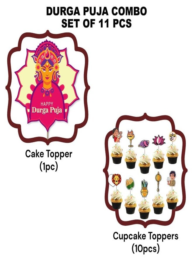 Festiko®Happy Durga Puja 11 Pcs Decoration,Durga Puja Decoration Items,Decorative Items for Durga Puja,Navratri Festival Decoration,Puja Party Supplies Cake Topper,Cup Cake Toppers - Image 2