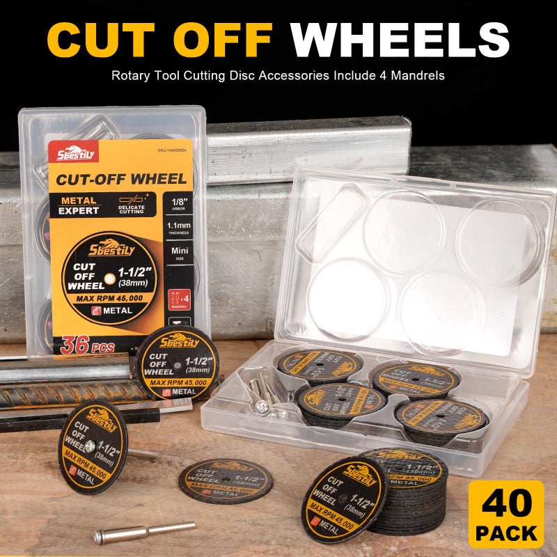 Sbestily 1-1/2 Cut Off Wheels 40 Pack, 1.5" x 1/8" Fiberglass Reinforced Cutting Discs Rotary Tool Accessories Kit with 4 Mandrels, for Cutting Metal, Bolts, Screws - Image 2