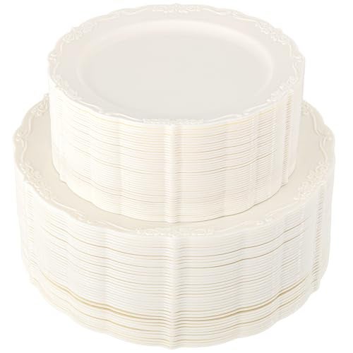 UQE 100 Pieces Ivory Plastic Plates for Party Ivory Disposable Plastic Plates Heavy Duty Disposable Platos Including 50 Dinner 10 50 Dessert 75 for Valentines Day