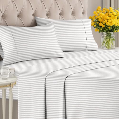 CGK Unlimited Light Grey and White Striped Sheets 1 Flat 1 Fitted Sheet 2 Pillowcases w Deep Pockets Wrinkle Fade Resistant UltraSoft Breathable Cooling Luxury Pinstripe Bedding Queen Size - Image 3