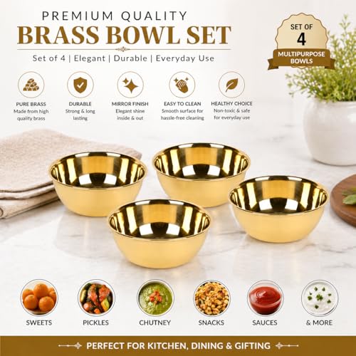 KC Brass Golden Flower Printed Brass Bowls Set of 4 Pc - 250 ML - Image 3