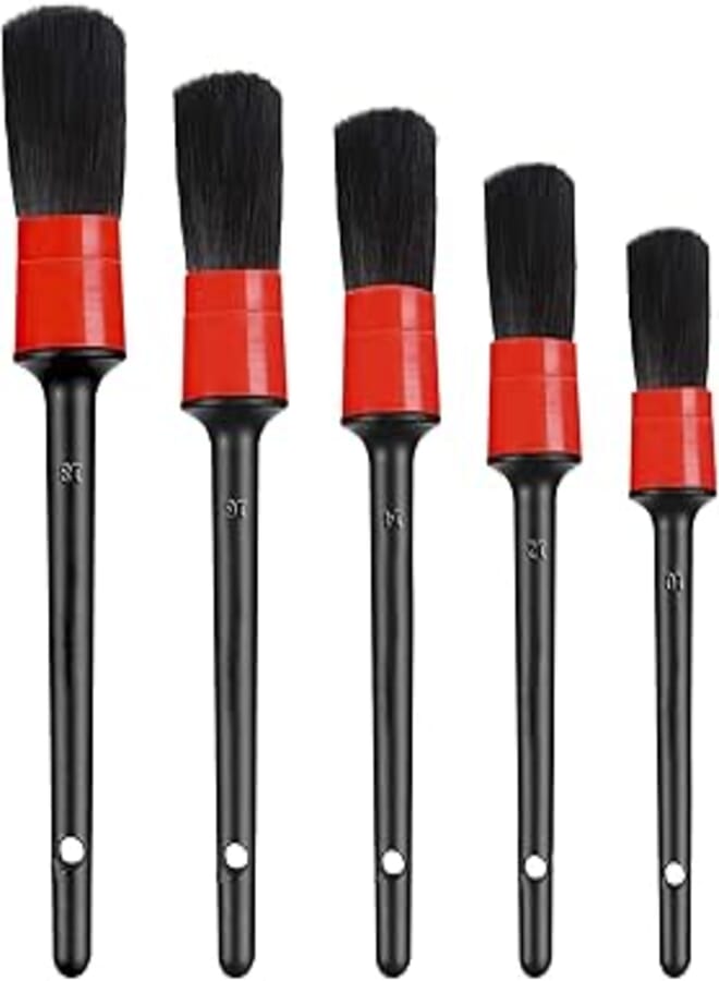 Amiss 5 Pieces Car Detailing Brush Set, Car Interior Cleaning Kit, Different Sizes Automotive Detail Brushes Perfect for Cleaning Wheels, Engine, Emblems, Air Vents, Leather, Dashboard, Trim(Black)
