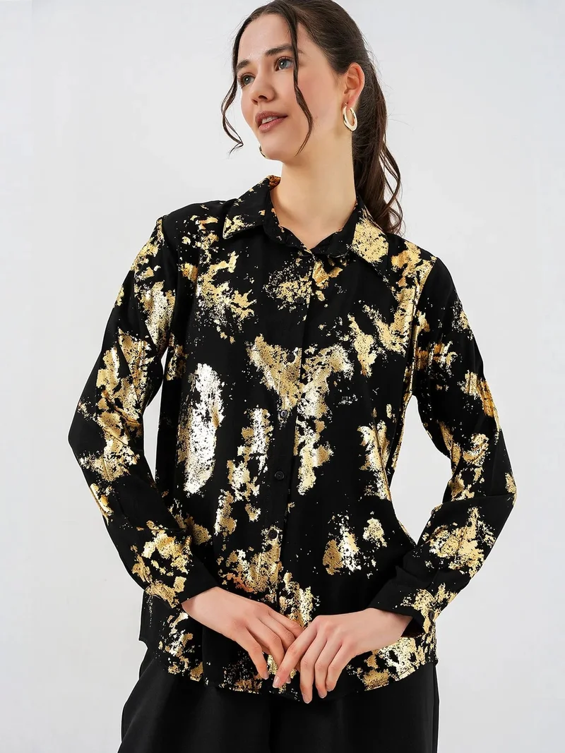 Big Dart Black BDART Oversized Abstract Print Button-Front Shirt for Women | Best Price UAE