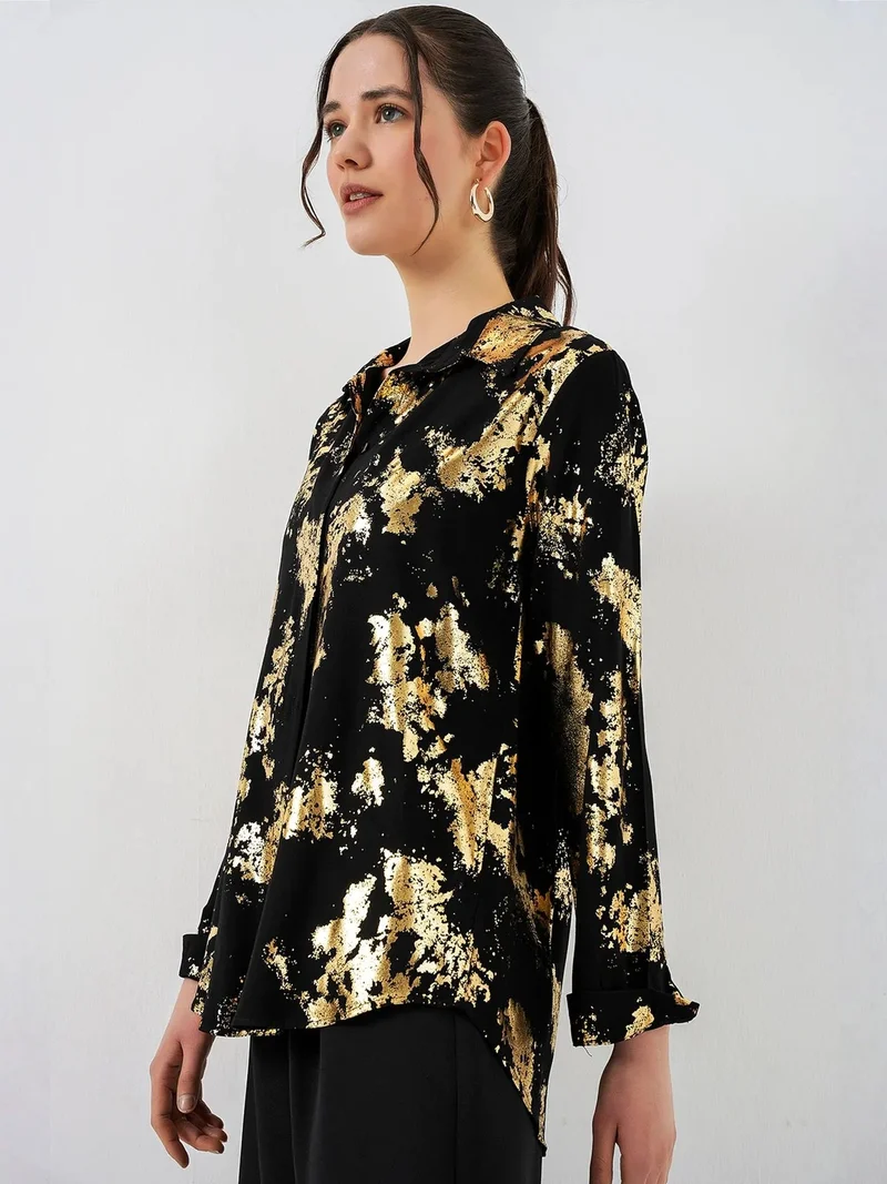 Big Dart Black BDART Oversized Abstract Print Button-Front Shirt for Women | Best Price UAE