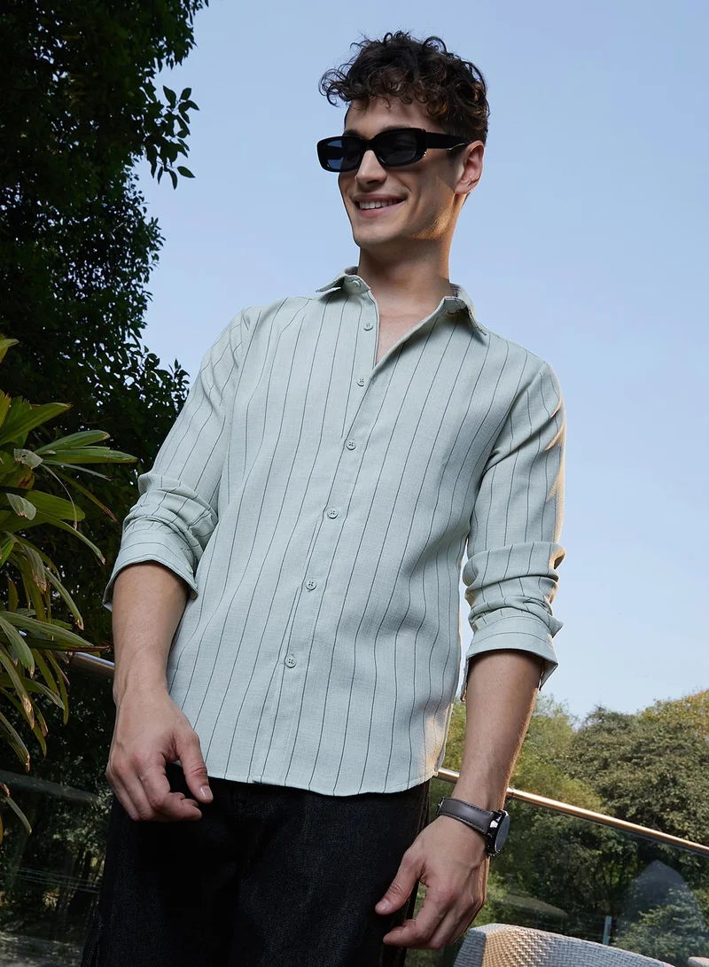 Campus Sutra Men's Coin Grey Unbalanced-Pinstripe Shirt