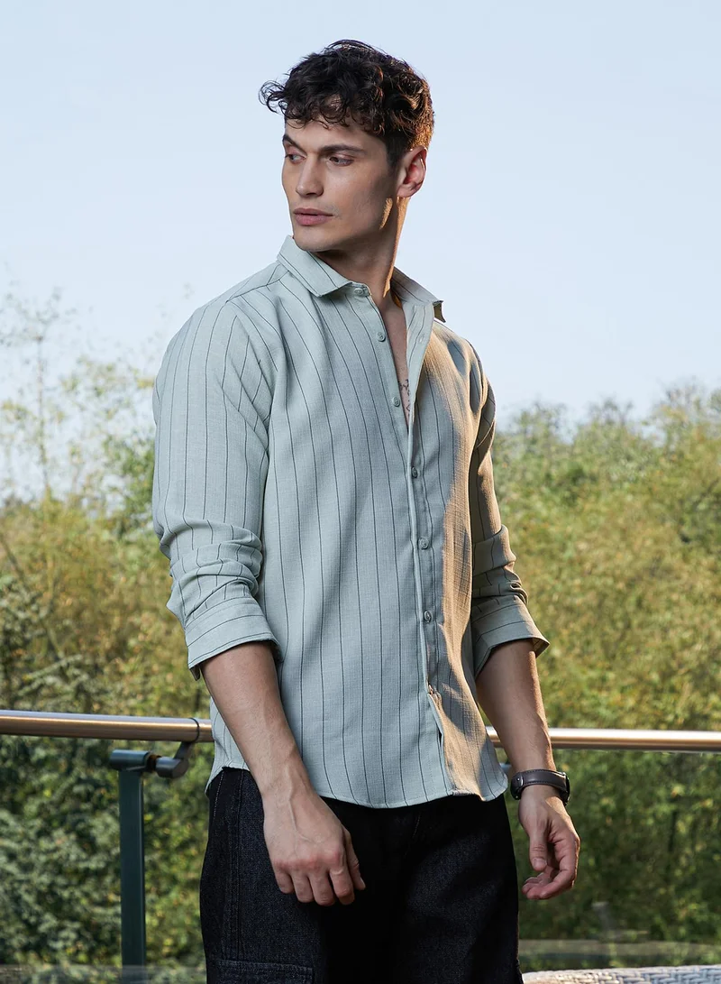 CAHOOT  Men's Coin Grey Unbalanced-Pinstripe Shirt for Men | Best Price UAE