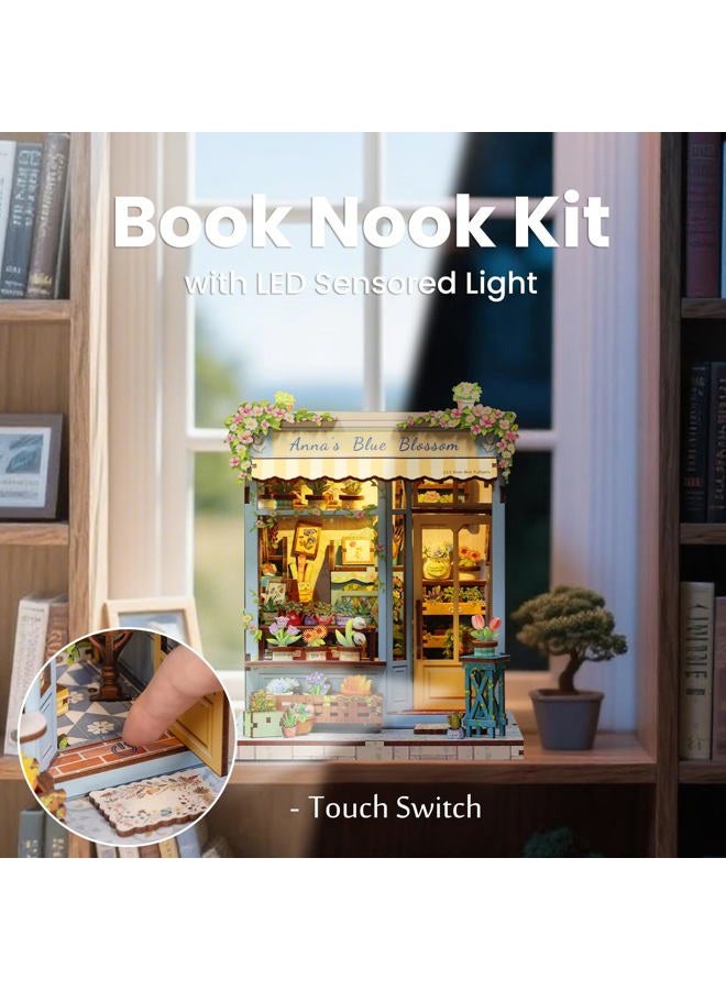 Fsolis Book Nook Kit - DIY Scene Miniature Dollhouse Kit for Adults, Bookshelf 3D Puzzles 255PCS, Tiny House Mini Flower Shop Model Booknook Craft, Gifts for Women Puzzle Lovers (Anna's Blue Blossom) - Image 4