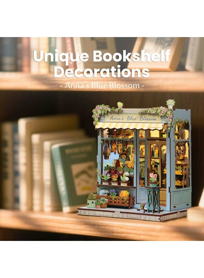 Fsolis Book Nook Kit - DIY Scene Miniature Dollhouse Kit for Adults, Bookshelf 3D Puzzles 255PCS, Tiny House Mini Flower Shop Model Booknook Craft, Gifts for Women Puzzle Lovers (Anna's Blue Blossom) - Image 3