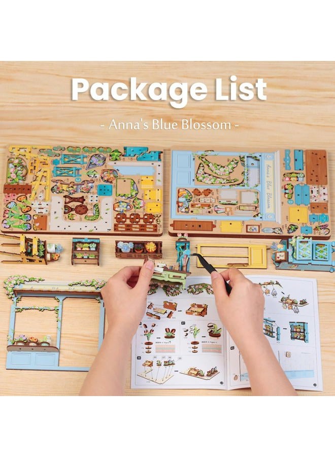 Fsolis Book Nook Kit - DIY Scene Miniature Dollhouse Kit for Adults, Bookshelf 3D Puzzles 255PCS, Tiny House Mini Flower Shop Model Booknook Craft, Gifts for Women Puzzle Lovers (Anna's Blue Blossom) - Image 5