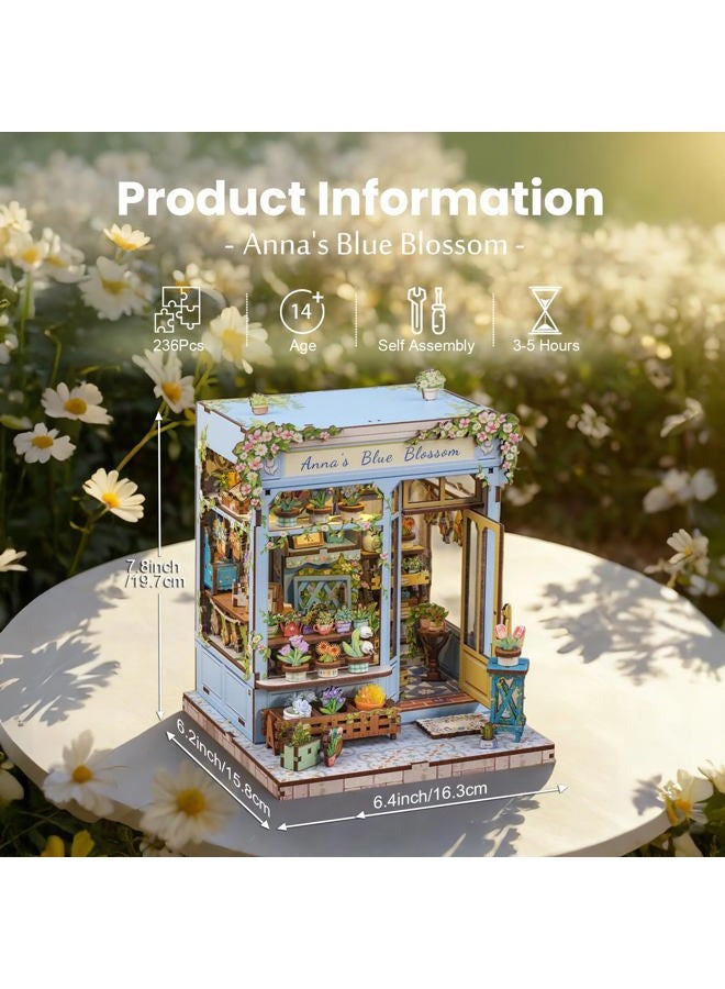 Fsolis Book Nook Kit - DIY Scene Miniature Dollhouse Kit for Adults, Bookshelf 3D Puzzles 255PCS, Tiny House Mini Flower Shop Model Booknook Craft, Gifts for Women Puzzle Lovers (Anna's Blue Blossom) - Image 2