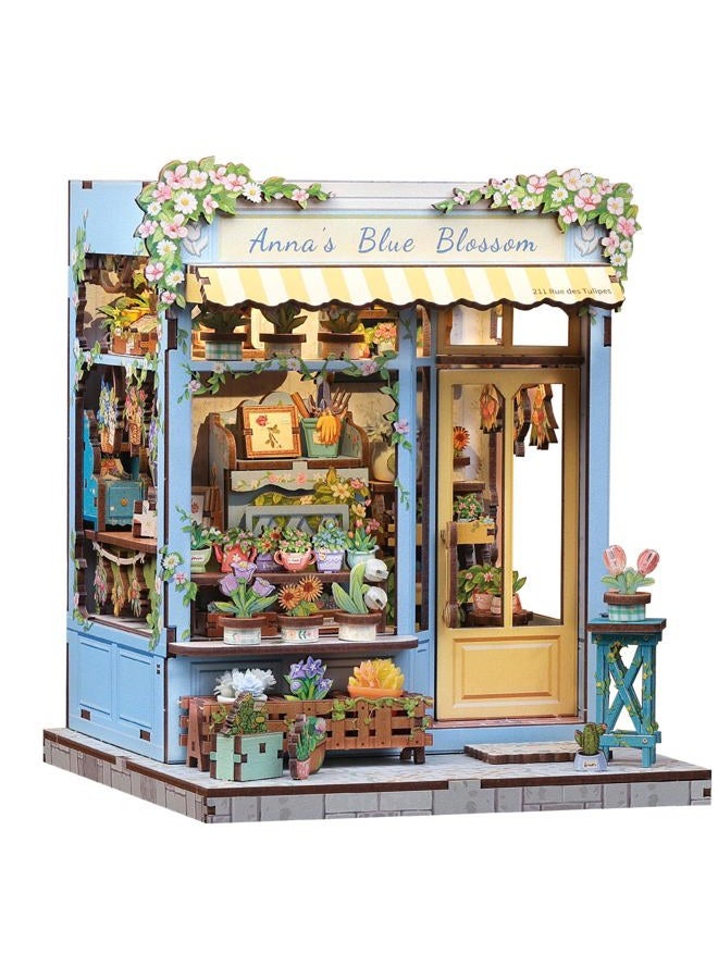 Fsolis Book Nook Kit - DIY Scene Miniature Dollhouse Kit for Adults, Bookshelf 3D Puzzles 255PCS, Tiny House Mini Flower Shop Model Booknook Craft, Gifts for Women Puzzle Lovers (Anna's Blue Blossom) - Image 1