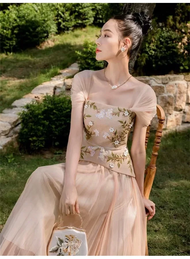 Madam Uniq Elegant Mesh Dress with 3D Embroidery and Beaded Floral Details