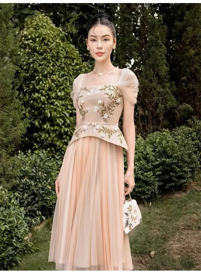 Madam Uniq Elegant Mesh Dress with 3D Embroidery and Beaded Floral Details