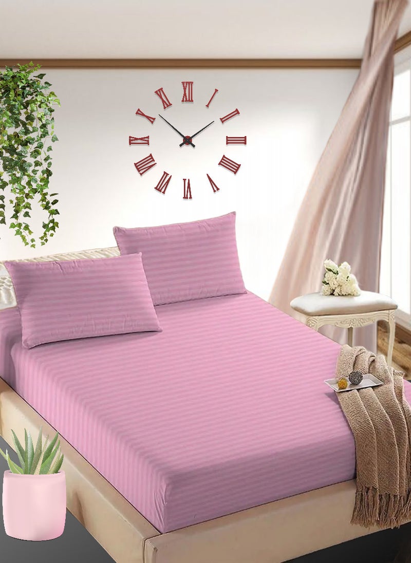 Blueberry Faded Pink Cotton King Striped Fitted Elastic Pack of 3 Bedsheet 200x200+25cm - Image 1