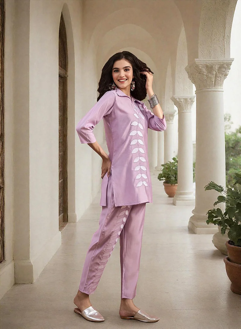 ISHIN Women's Purple Silk Printed Tunic Full Length Palazzo Straight Fit Co-Ords