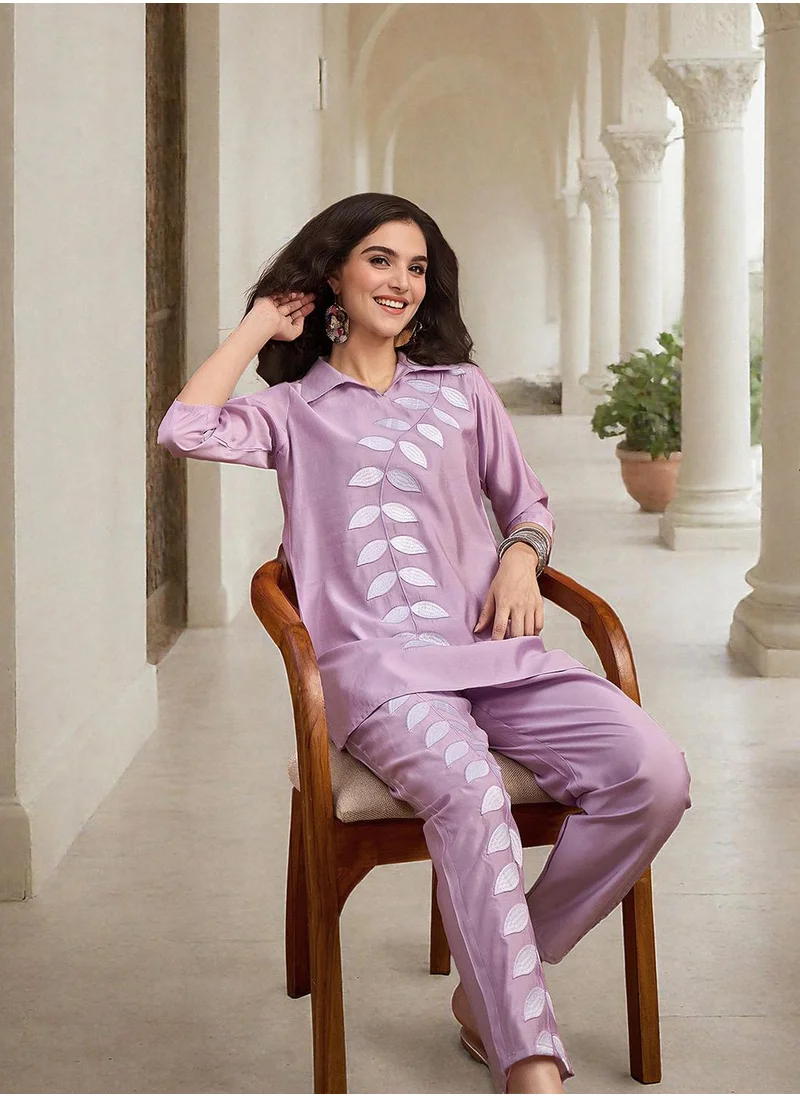 آي شين Women's Purple Silk Printed Tunic Full Length Palazzo Straight Fit Co-Ords
