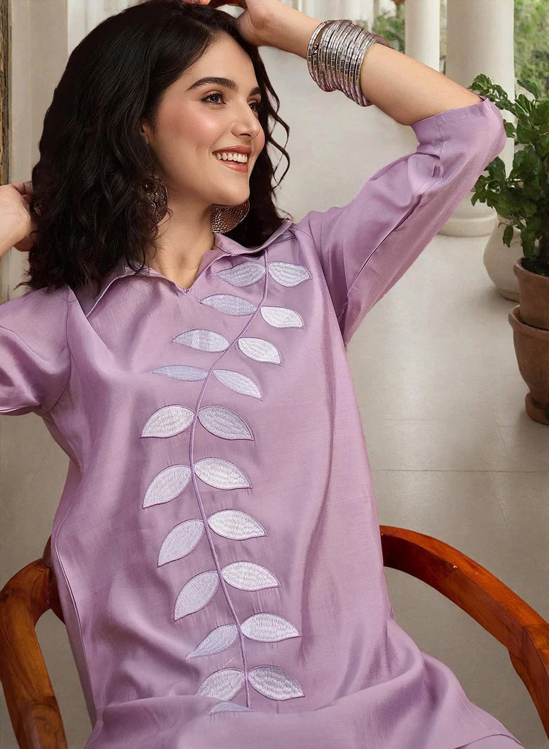 ISHIN Women's Purple Silk Printed Tunic Full Length Palazzo Straight Fit Co-Ords