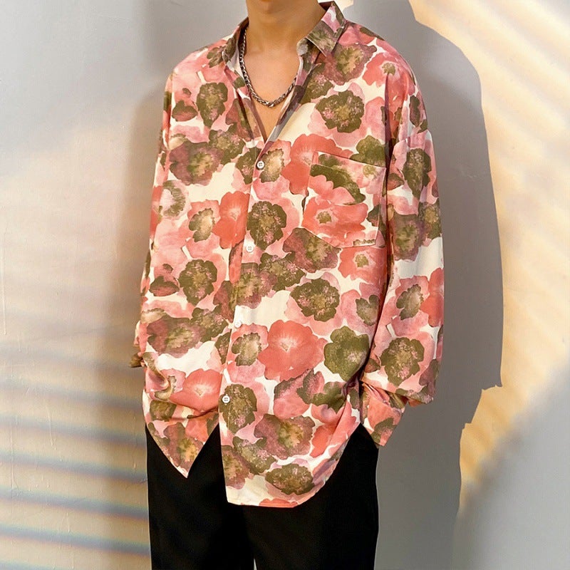 Floral Shirt Mens Long-sleeved Spring and Autumn High-end Sense Korean-style Trendy Ins Ripper Handsome Niche Hong Kong-style Retro Shirt Jacket Lotus color 2323 