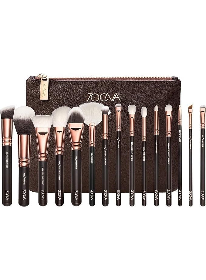 زويفا مجموعة فرش مكياج احترافية مكونة من 15 قطعة باللون الأسود والذهبي الوردي وأداة مزج كريم الأساس ومستحضرات التجميل مع حقيبة من الجلد الصناعي - Image 1